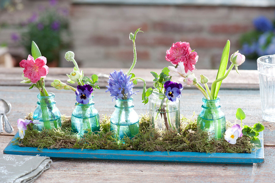 Bottles with flowers of Prunus persica, Ranunculus