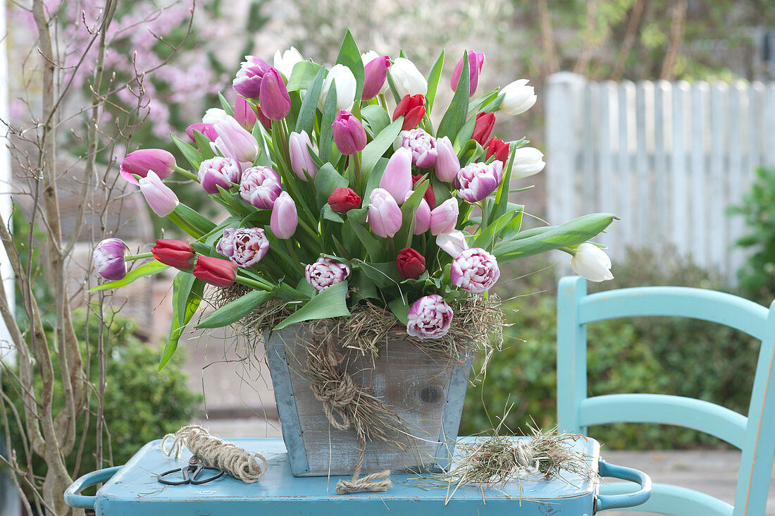 Lush Tulipa bouquet, decorated with hay in wooden tubs