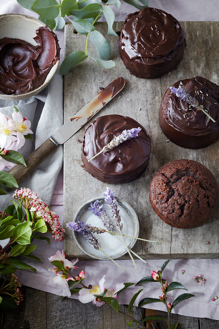 Kleine Schokoladentörtchen mit Lavendelblüten