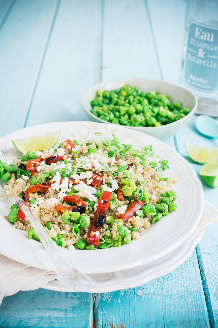 Quinoa with fava bean and pea pesto, grilled peppers and feta cheese