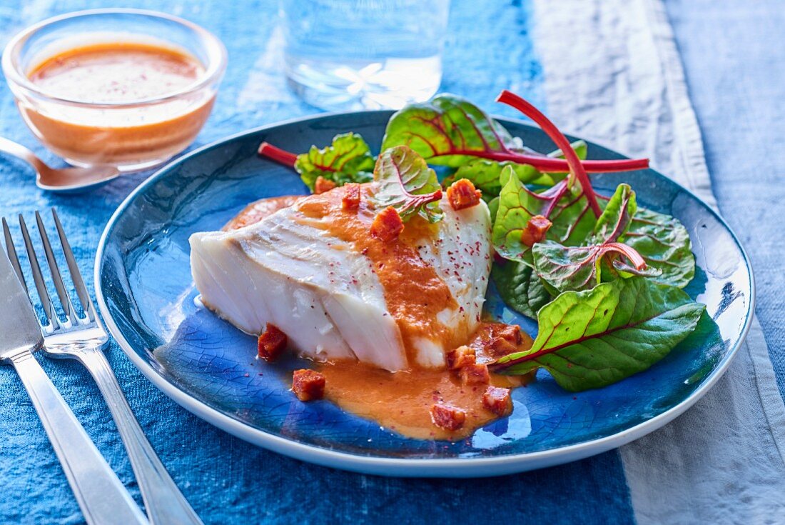 Cod with pepper sauce and salad