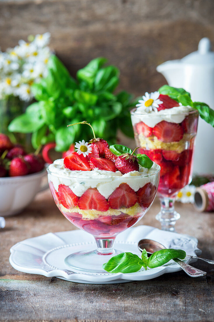 Erdbeer-Basilikum-Trifle mit Gänseblümchen