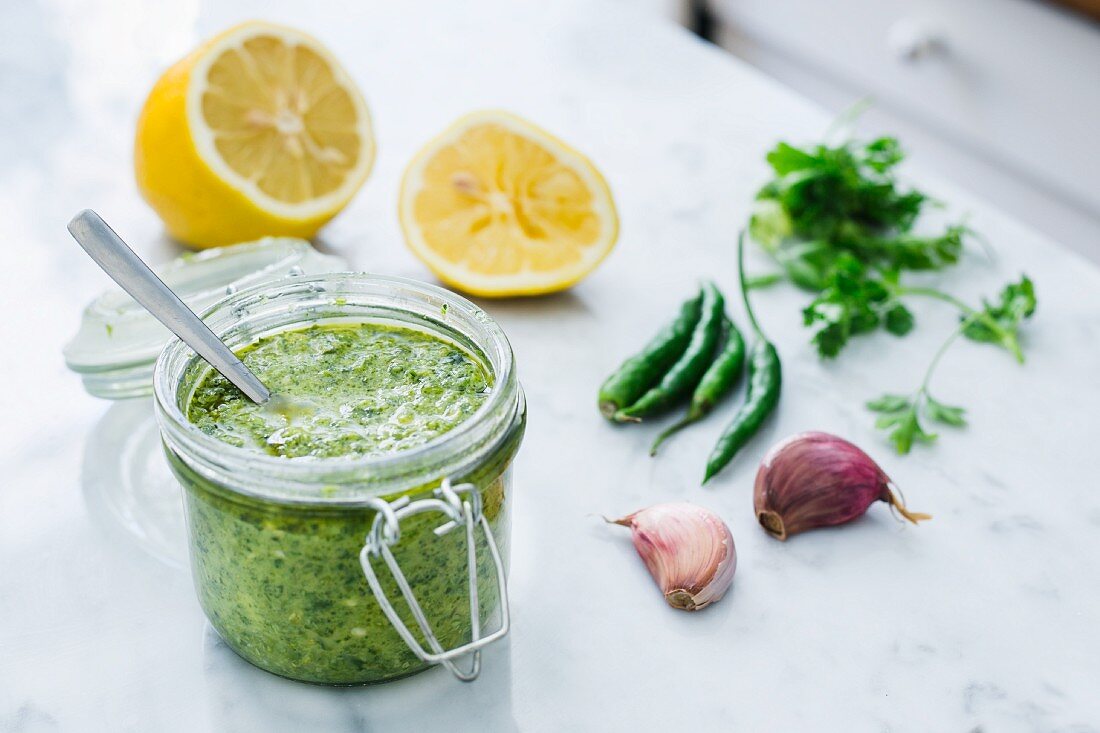 Spicy green chilli sauce with lemon and garlic