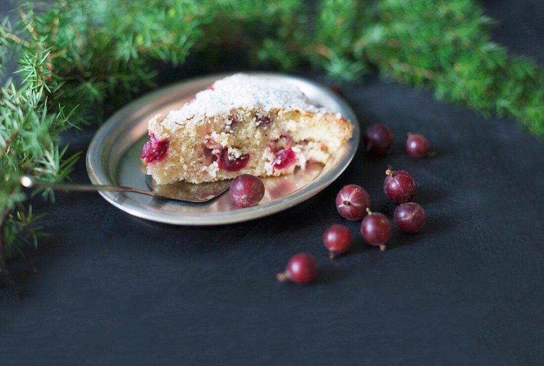 A piece of gooseberry cake with icing sugar