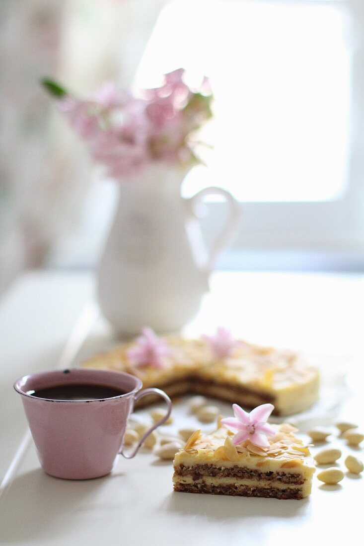 Almond tart, a slice cut