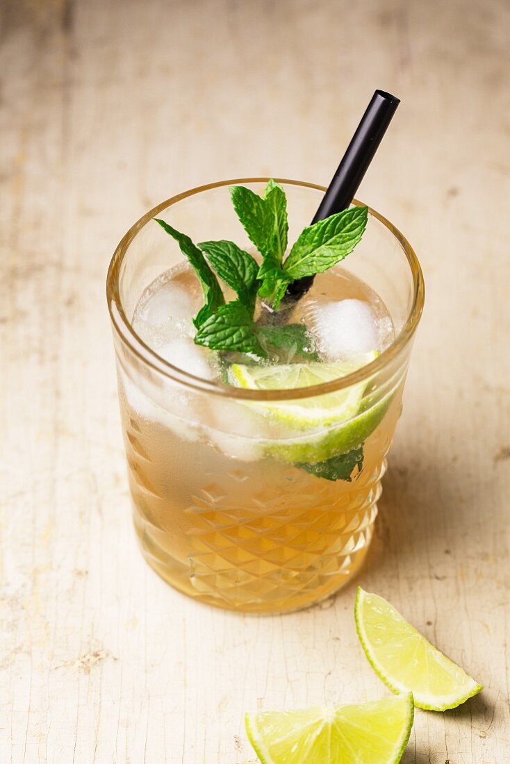 A cocktail with gin, ginger ale and mint