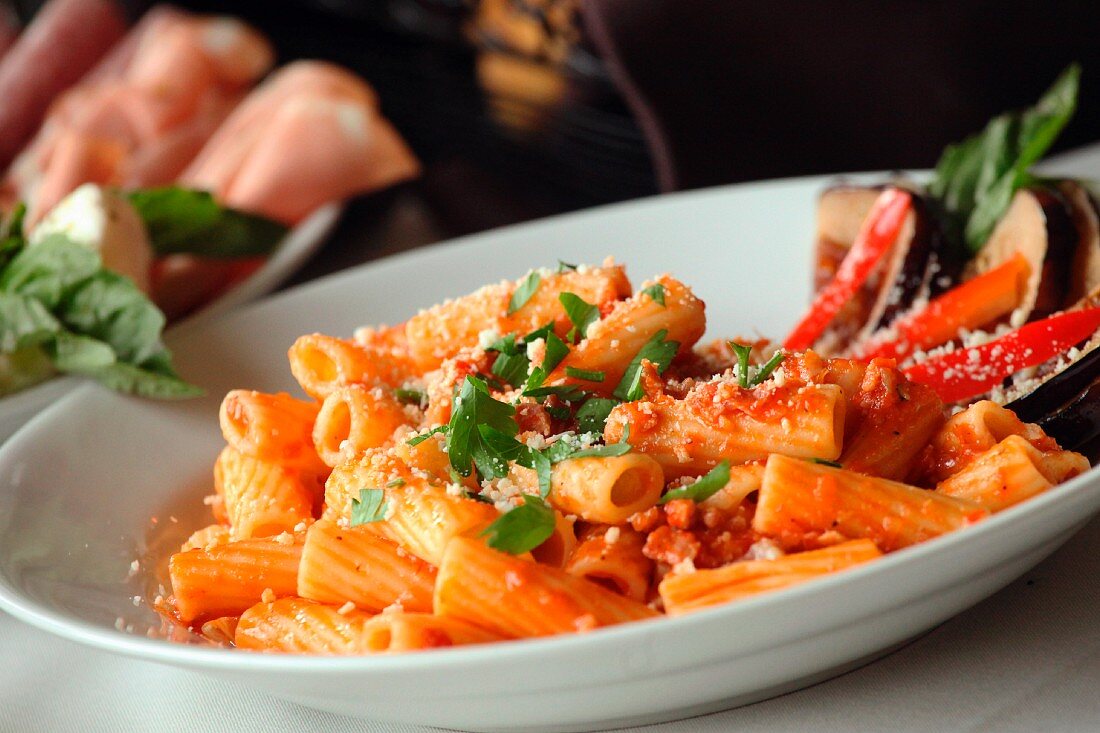 Rigatoni with tomato sauce on a plate (Italy)