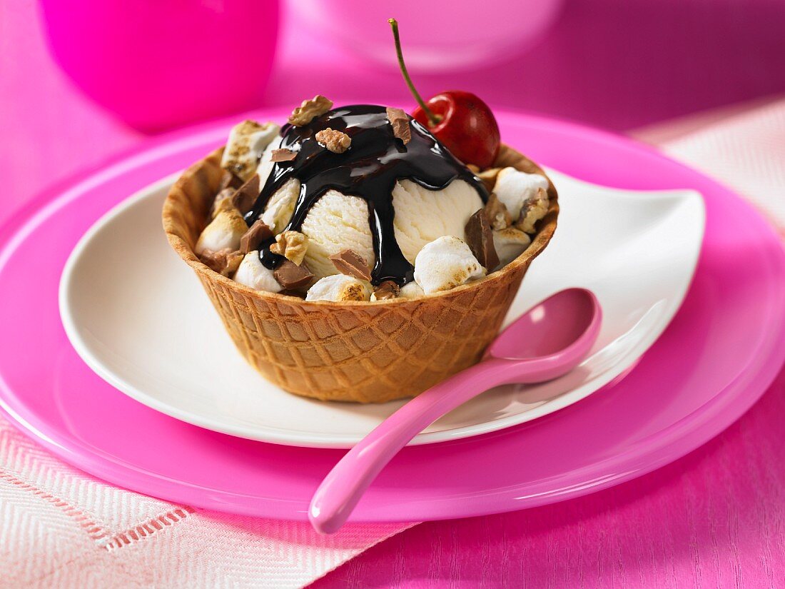 Ice cream sundae in a waffle bowl