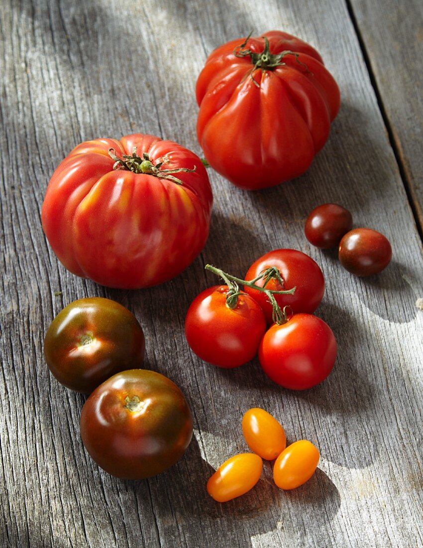 Verschiedene Heirloom-Tomaten auf Holzuntergrund
