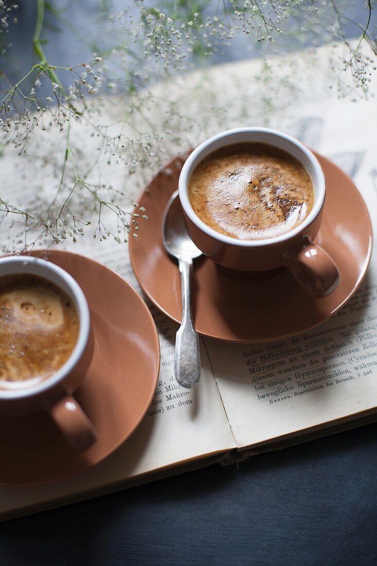 Two cups of espresso on a book