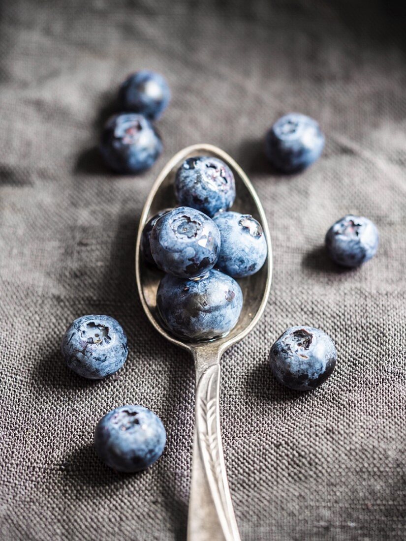 Blueberries on a silver spoon, close up
