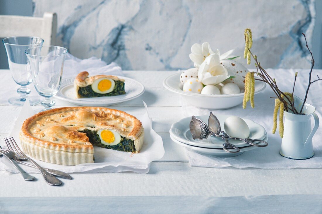Spinach tart with boiled eggs for Easter