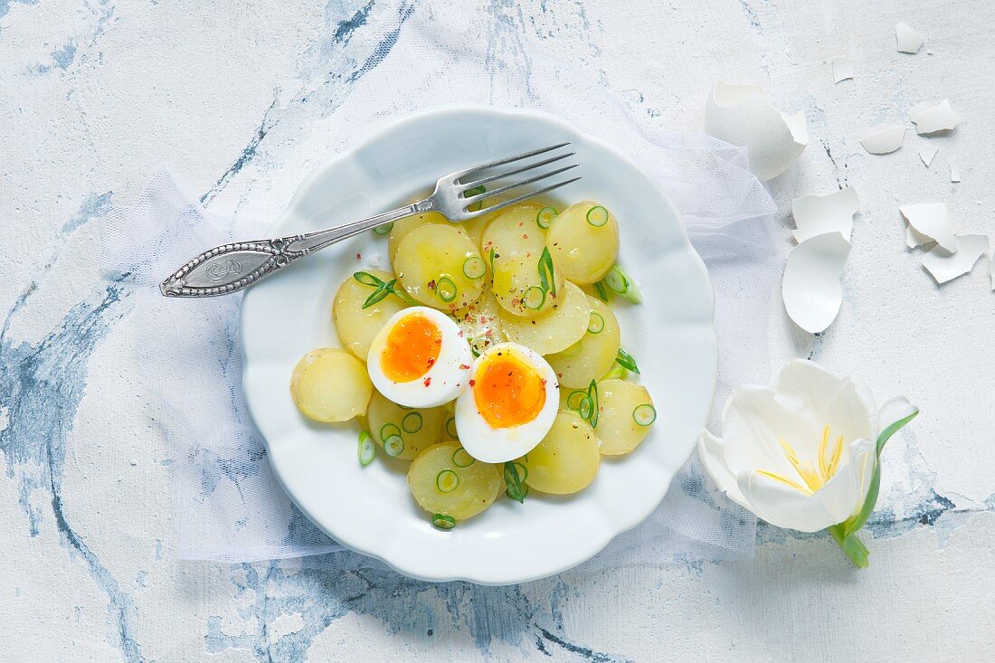 Potato Salad in a Serving Dish; Stacked Bowls