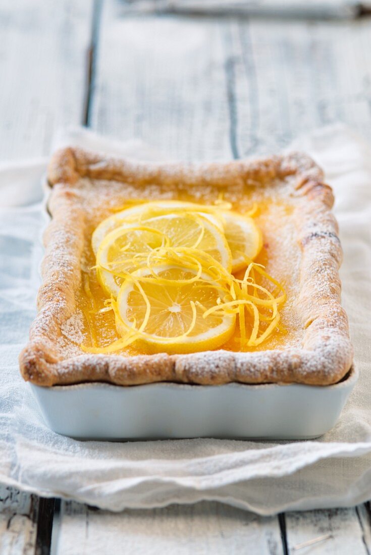 Lemon cake in a baking tin