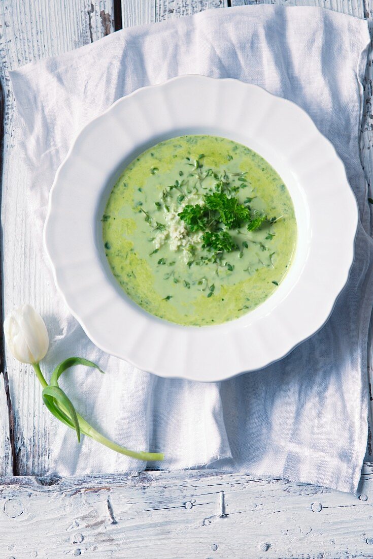 Herb soup with pickled eggs for Easter