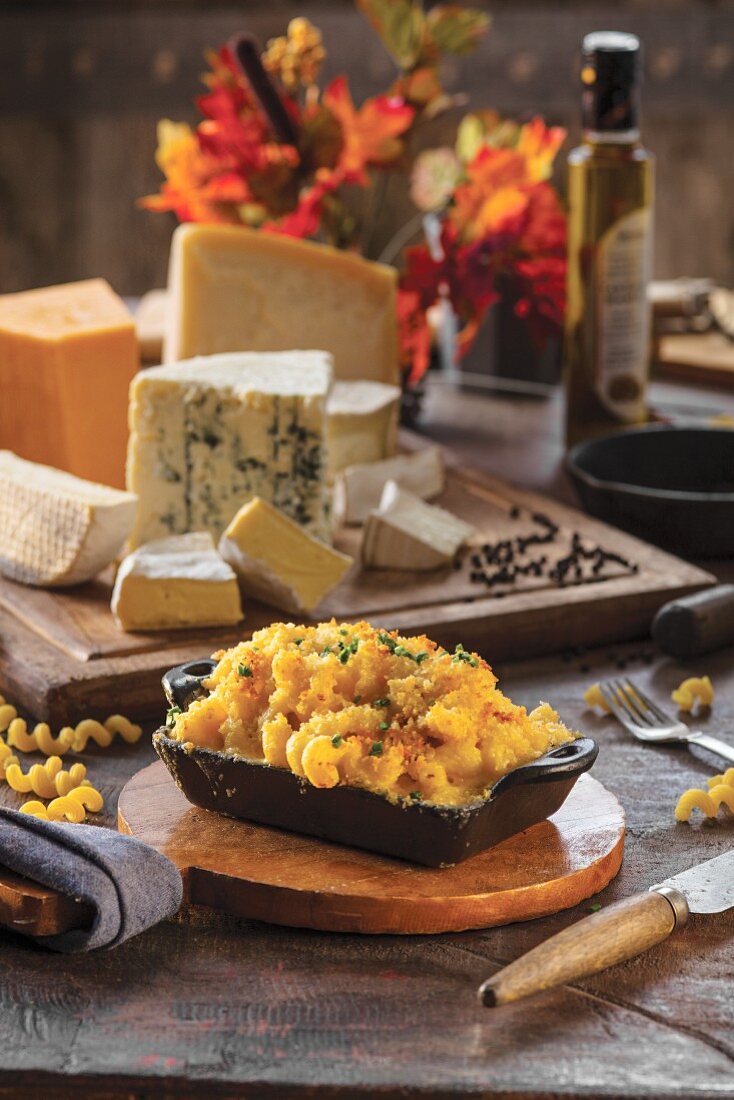 Triple Cream Mac and Cheese baked in individual serving size cast iron dish