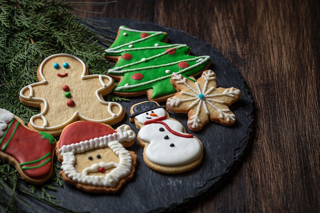 Assorted colorfully decorated Christmas cookies