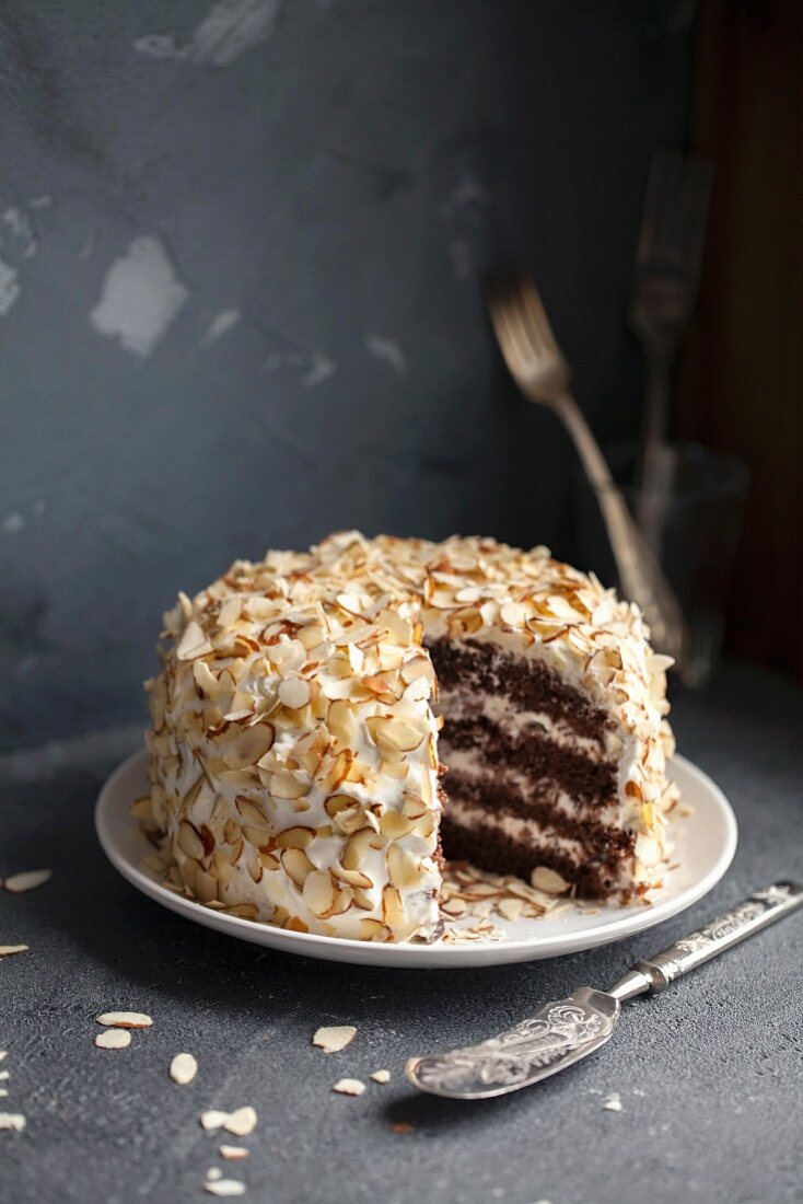 Chocolate cake with flaked almonds