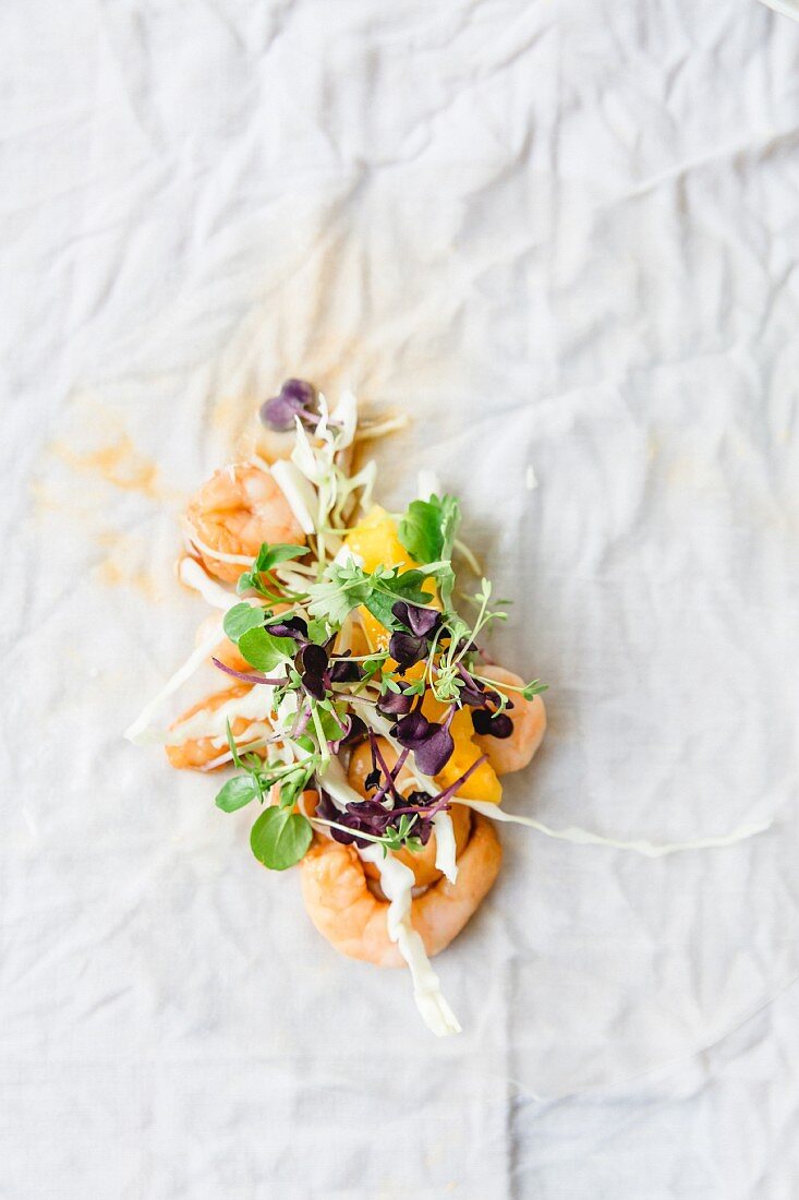 Ingredients for Asian summer rolls with shrimps and herbs (top view)