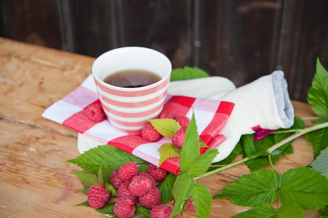 Raspberry leaves and fresh raspberries