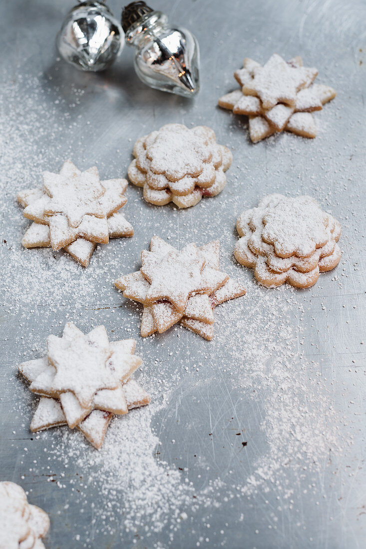 Staked cookies dusted with powdered sugar