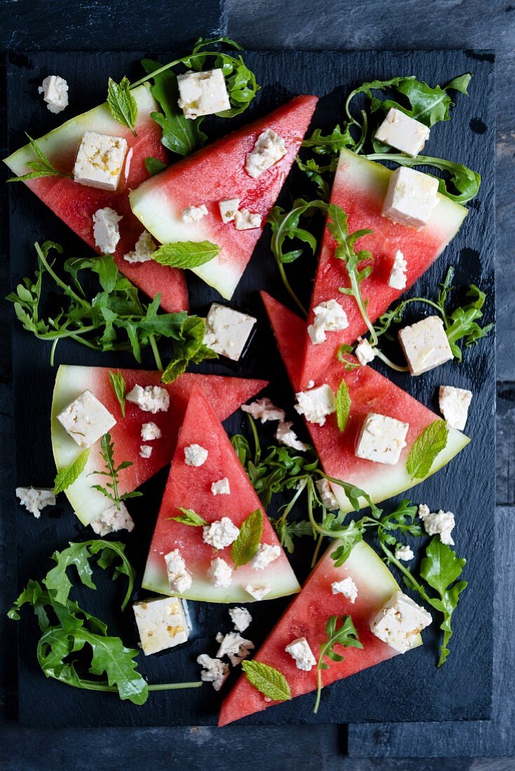 Vegan feta and watermelon salad with mint and rocket