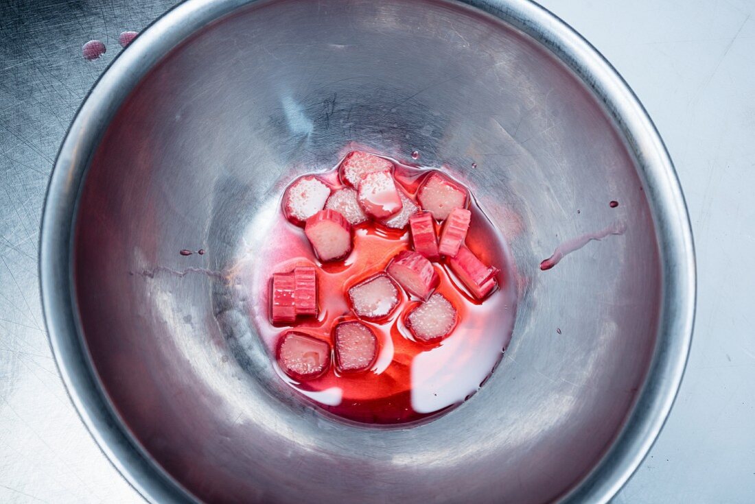 Sliced Rhubarb in a bowl with Juices