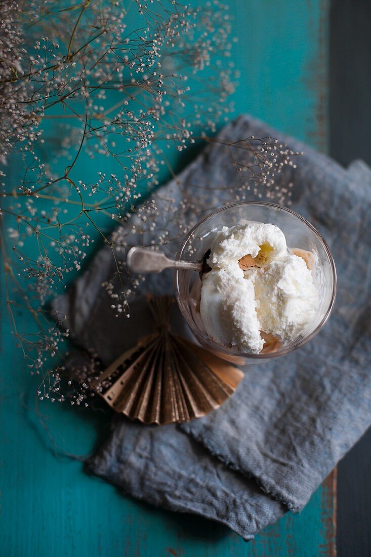 Vanilla and caramel ice cream in a glass