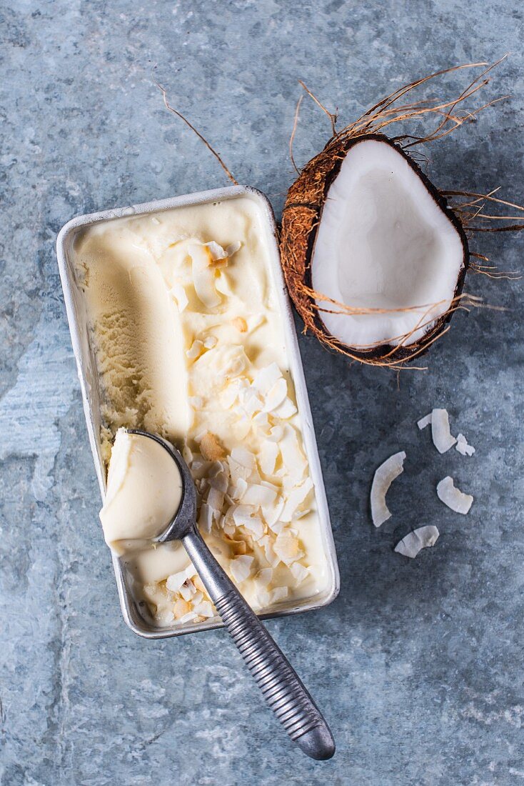 Coconut ice cream with fresh coconut
