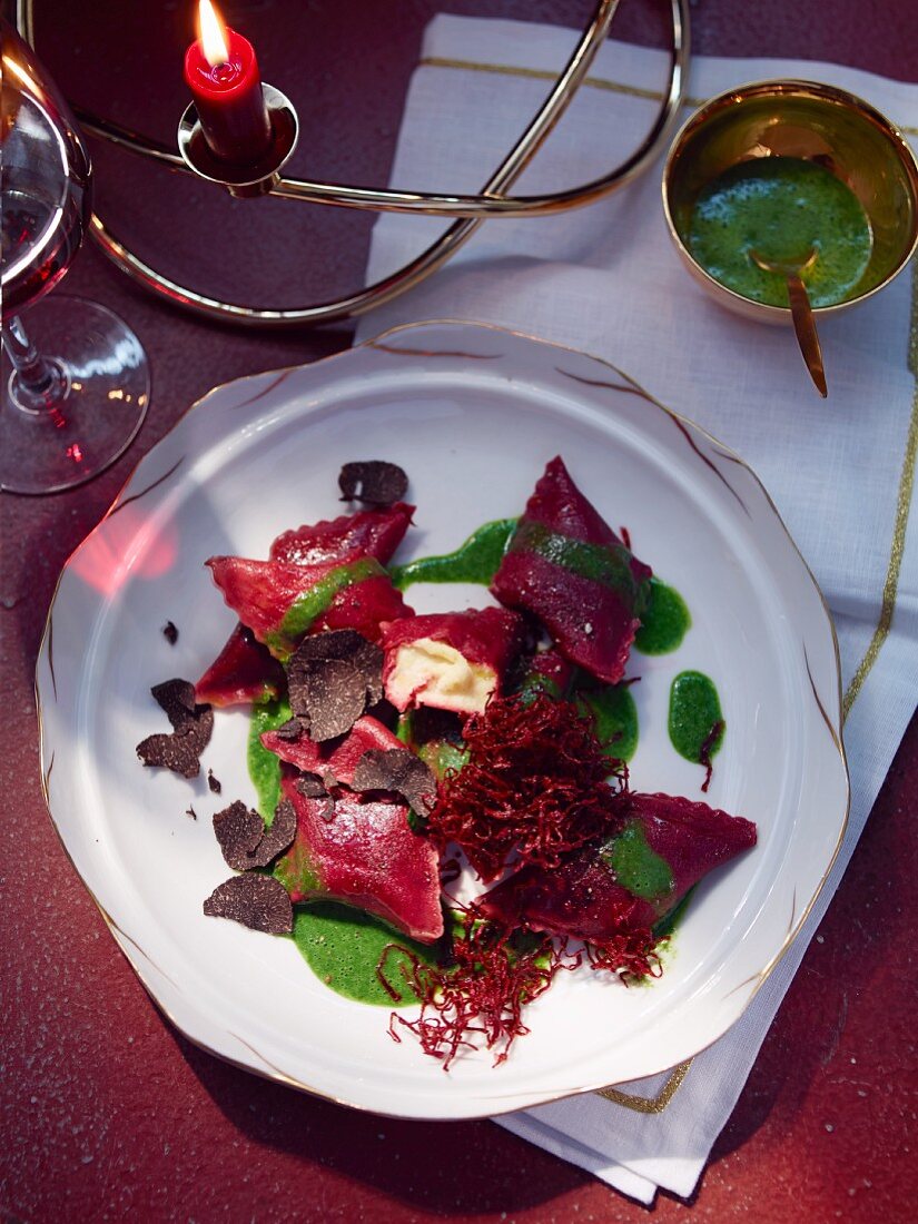 Beetroot ravioli with truffled celeriac (Christmas)