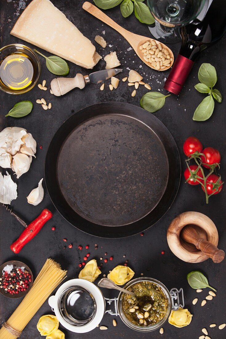 italian food background, healthy food concept or ingredients for cooking pesto sauce on a vintage background