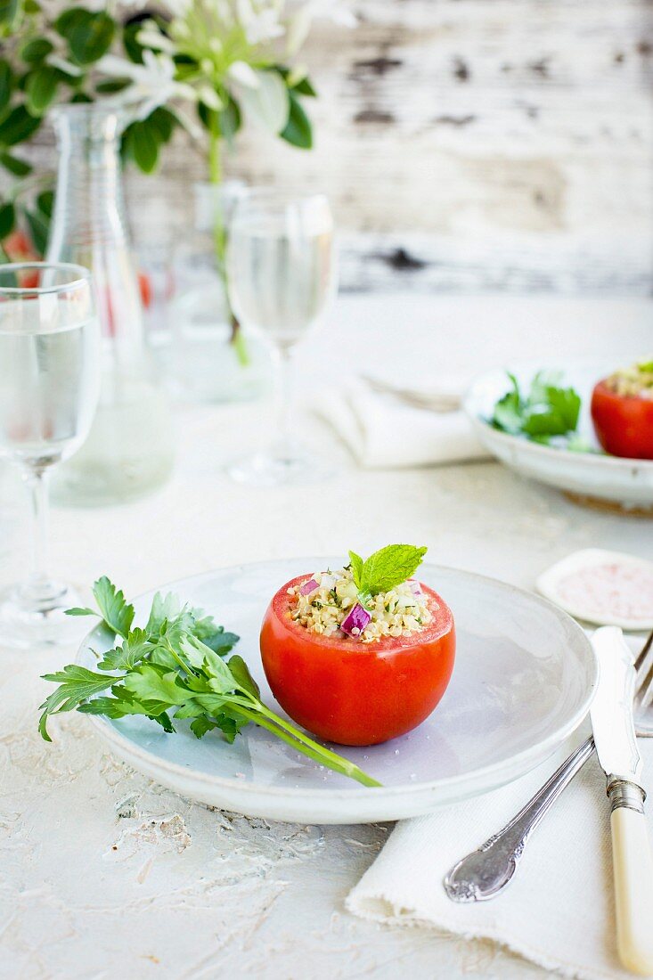 Quinoa Tabbouleh stuffed Tomatoes served with white wine