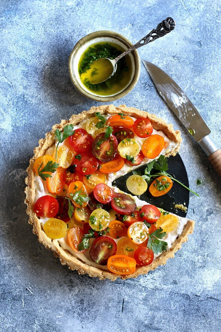 Ricotta and heirloom tomato tart with garlic and parsley dressing