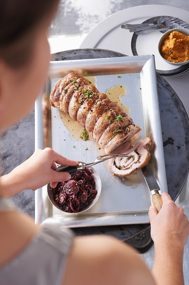 Roast pork roll with oven roasted garlic, anise and thyme