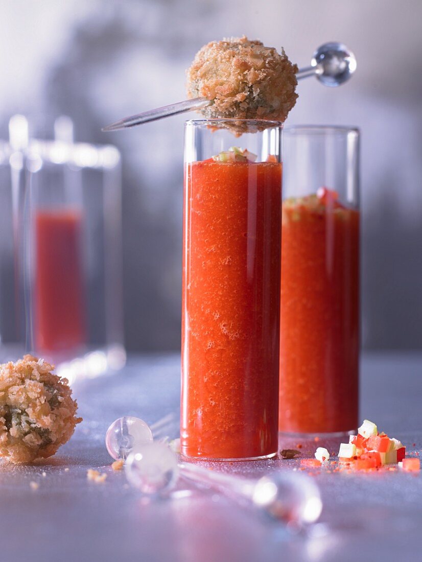 Virgin Bloody Mary shots with panko olives