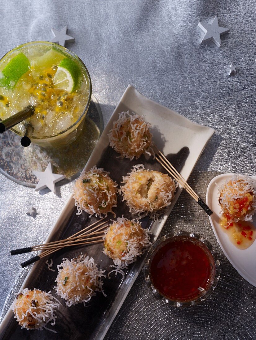 Exploding shrimp balls with glass noodles and spicy ginger sauce