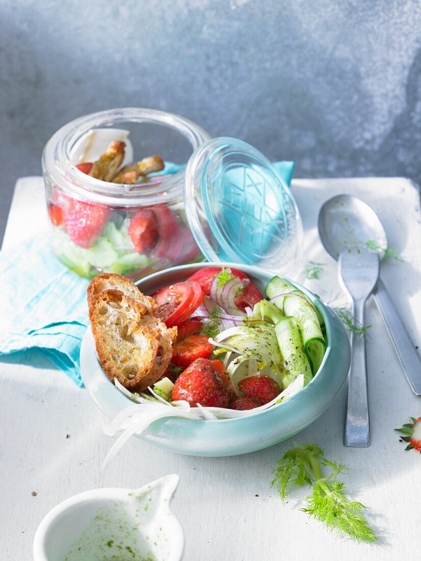 Gazpacho style bread salad with strawberries