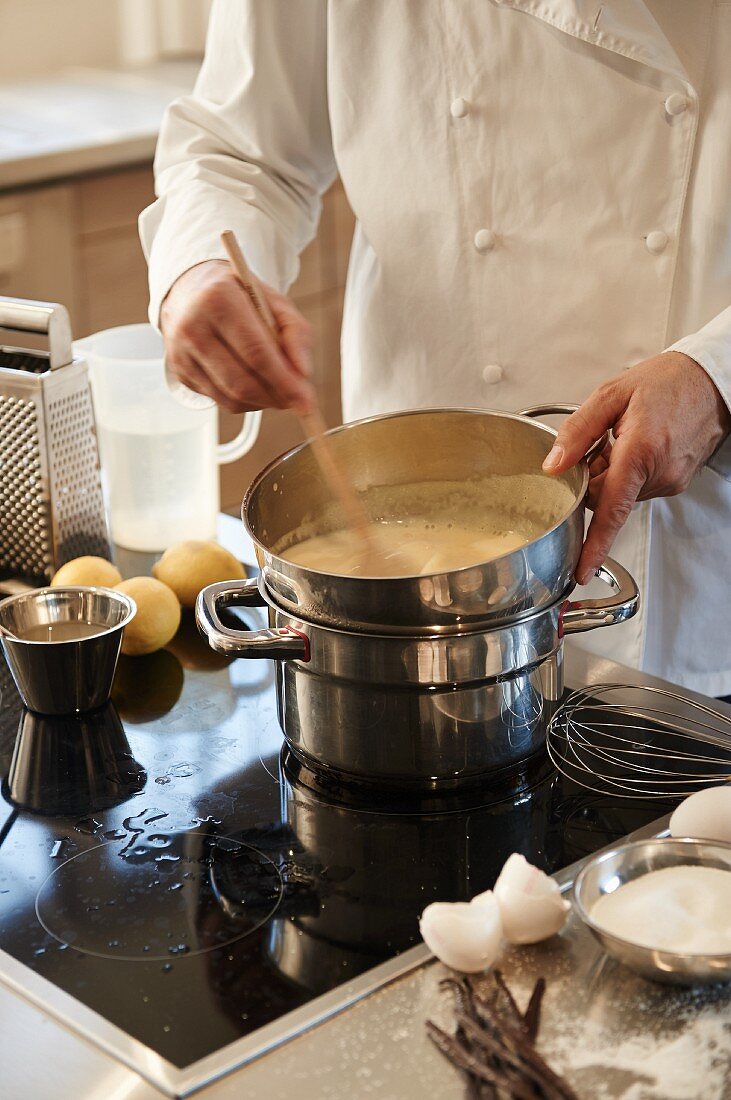 Creme brulee being prepared