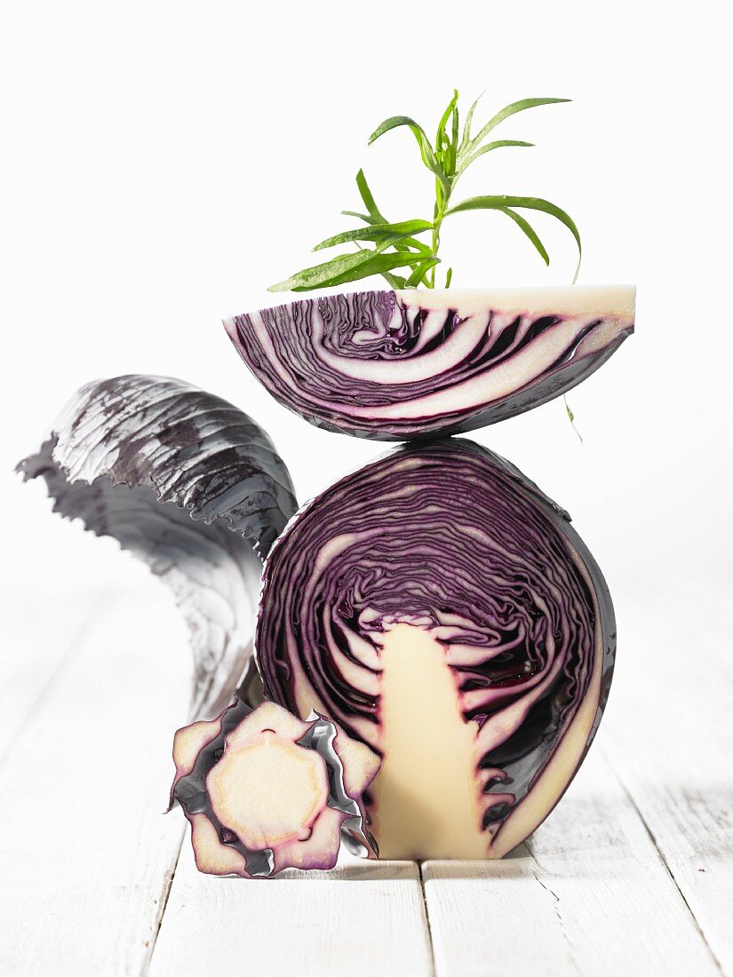 Red cabbage pieces, artistically stacked