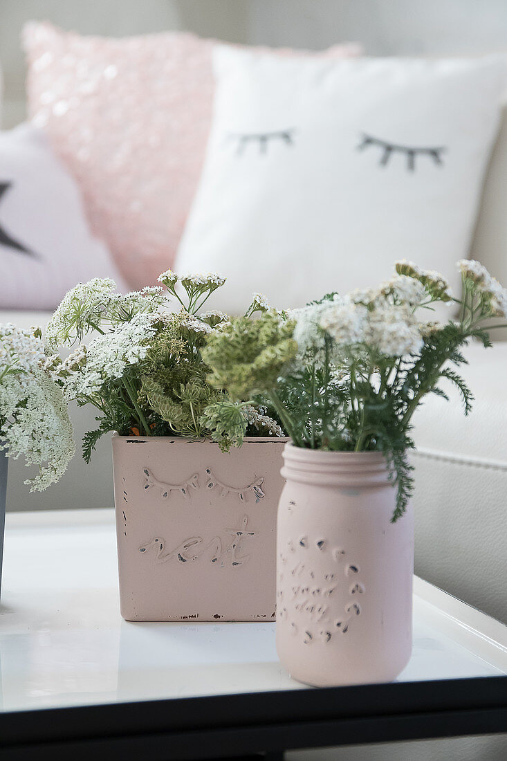 Planters made from glass jars painted with chalk paint