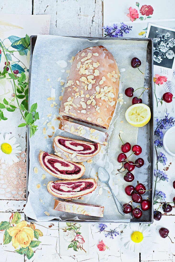 Cherry cake roll with lemon glaze from Saxony