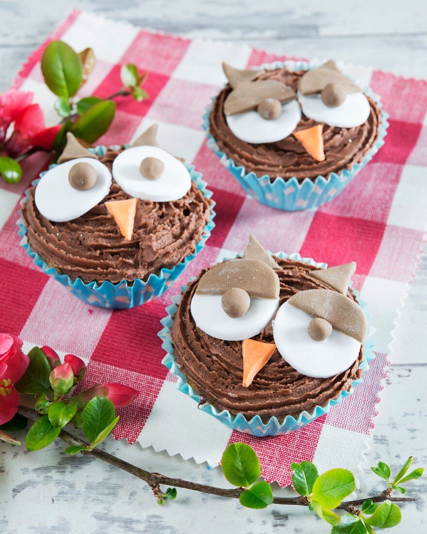 Cupcakes mit Schokoladencreme und Eulengesicht