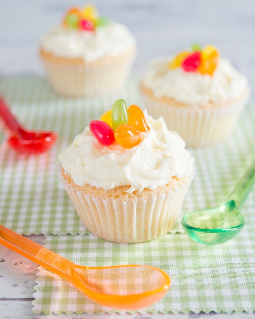 Cupcakes with buttercream and colourful jelly beans