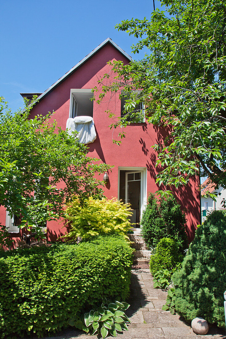 Sonniger Vorgarten mit Hecken und Sträuchern vor einem roten Haus