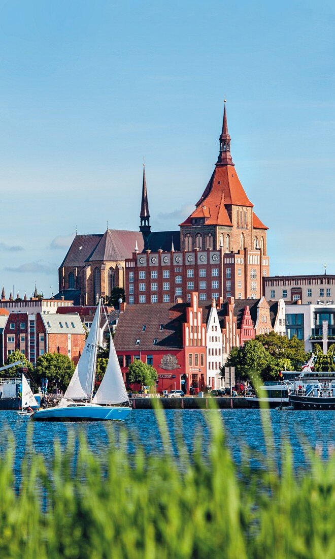 Rostock harbour with St Mary's Church, Germany
