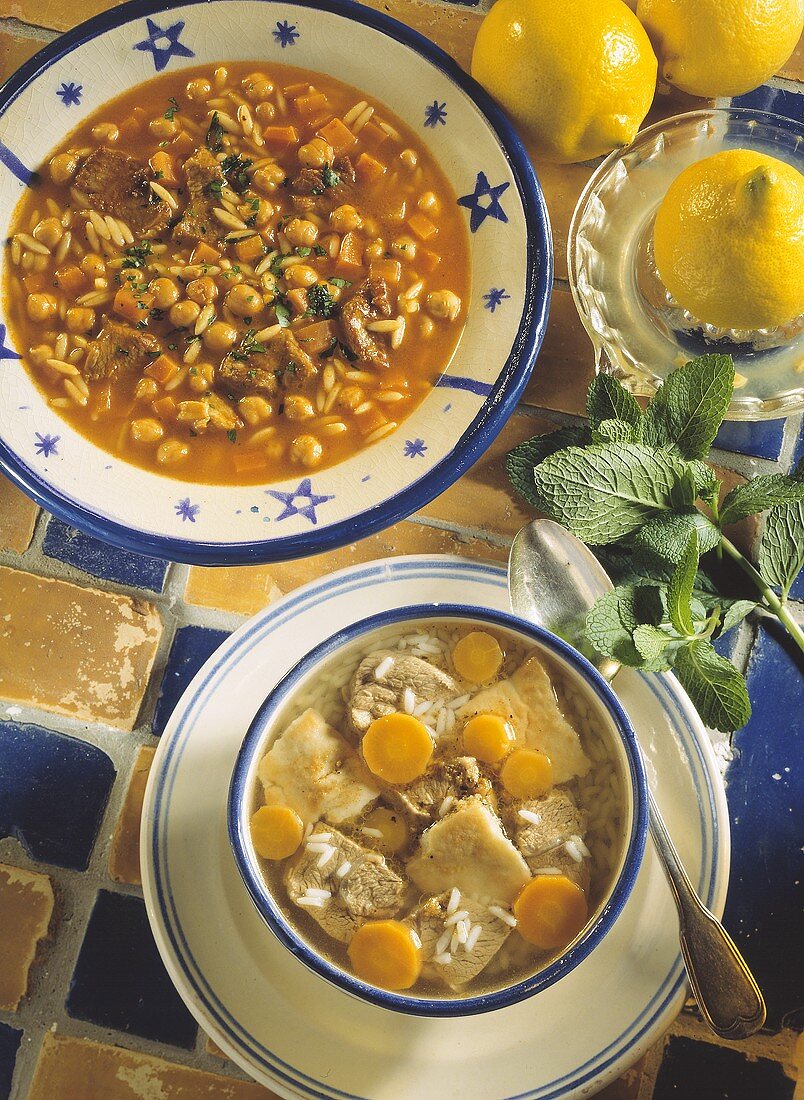 Two Assorted Soups; Chick Peas and Orzo and Lamb with Carrots