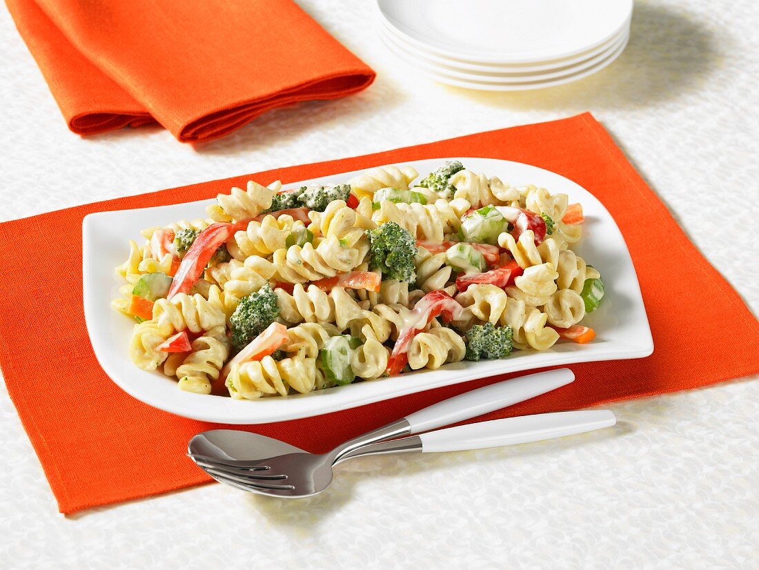 Cold pasta salad with brocolli and peppers
