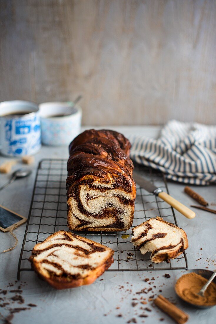 Cinnamon, almond and chocolate babka with coffee