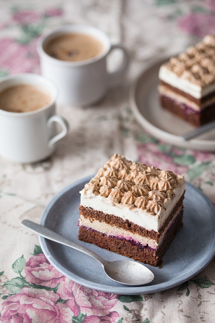 Cappuccino-Kuchen mit Schokoladenbiskuit, Kaffee und Vanille-Frosting