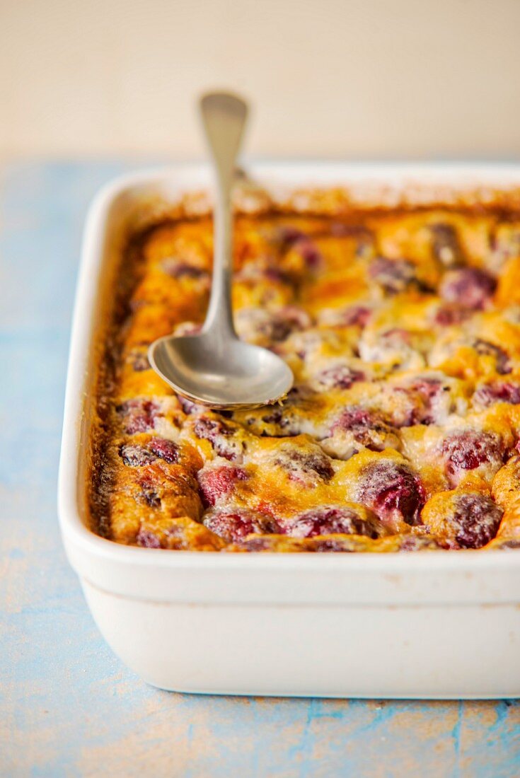 Cherry clafoutis in an ovenproof dish